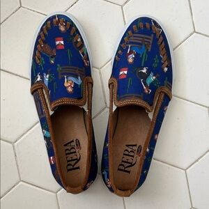 Reba Patterned Blue Slip-Ons with Brown Trim